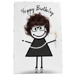Sacola Para Presentes Média Stick Figure Girl with Daisies