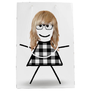 Sacola Para Presentes Média Stick Girl com cabelo e Xadrez de Buffalo