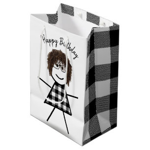 Sacola Para Presentes Média Stick Girl com padrão de Xadrez de cabelo e búfa