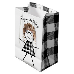 Sacola Para Presentes Média Stick Girl com padrão de Xadrez de cabelo e búfalo