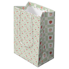 Sacola Para Presentes Média Strawberry Gingham Pastel Green 1st Birthday