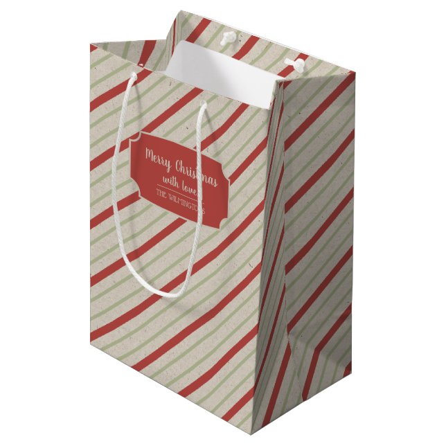 Sacola Para Presentes Média Stripes Vermelhas, Verdes e Beiges (Frente inclinada)