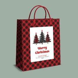 Sacola Para Presentes Média Stylish red black tartan Christmas gift bag name