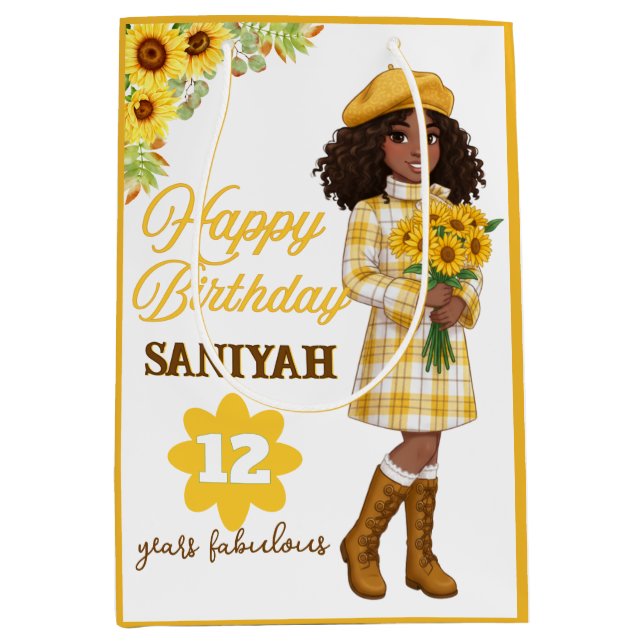 Sacola Para Presentes Média Sunflower Fashion Girl Yellow Plaid Birthday (Frente)