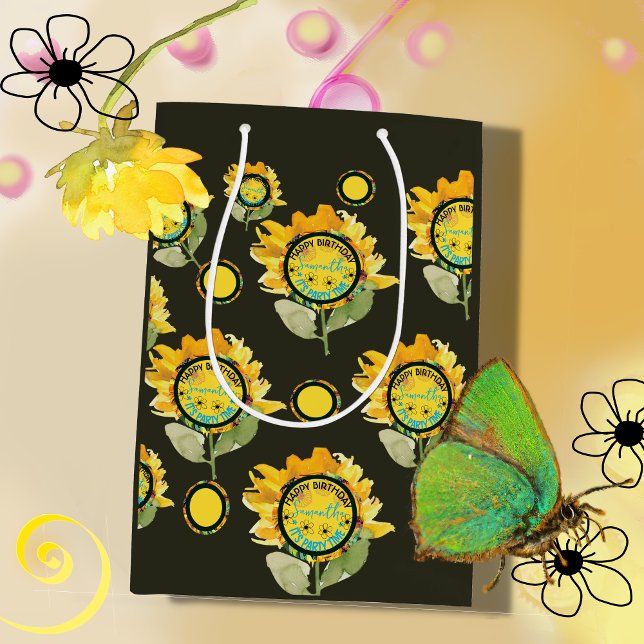 Sacola Para Presentes Média Sunflower Yellow Girl Birday (Sunflower Yellow black Girl Birthday Medium Gift Bag)