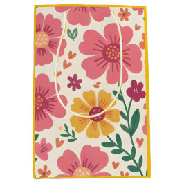 Sacola Para Presentes Média Sunny Garden: Pink Daisy & Heart Botanical Pattern