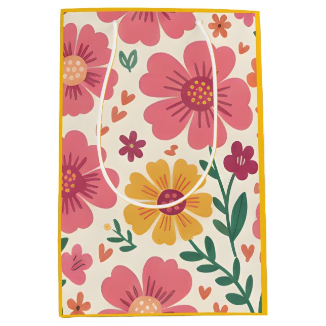 Sacola Para Presentes Média Sunny Garden: Pink Daisy & Heart Botanical Pattern (Frente)