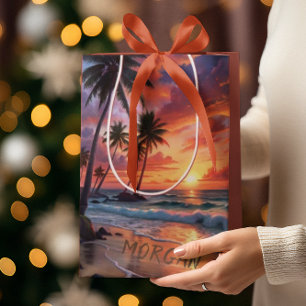 Sacola Para Presentes Média Sunset de praia tropical personalizado Arte Cost
