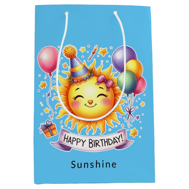 Sacola Para Presentes Média Sunshine Custom Name Happy Birthday Blue (Frente)