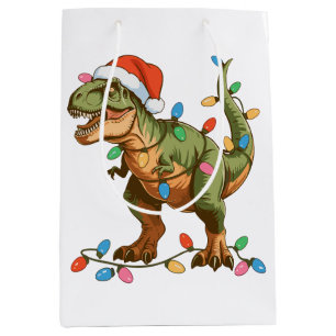 Sacola Para Presentes Média T-Rex de Natal Dinossauro Xmas Dino Tiranossauro