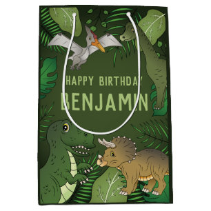 Sacola Para Presentes Média T-rex E Outros Dinossauros Fofos Feliz Aniversário