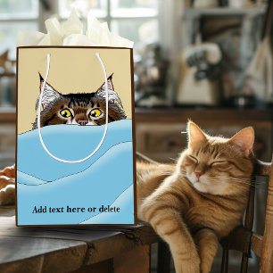 Sacola Para Presentes Média Tabby Cat Peeking Blue Funny
