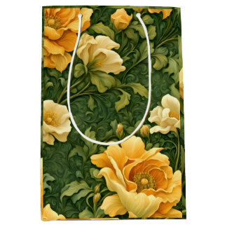 Sacola Para Presentes Média Tapeçaria Floral Dourada