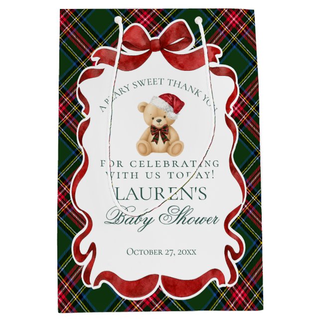 Sacola Para Presentes Média Tartan Plaid Christmas Bear Baby Shower Favors (Frente)