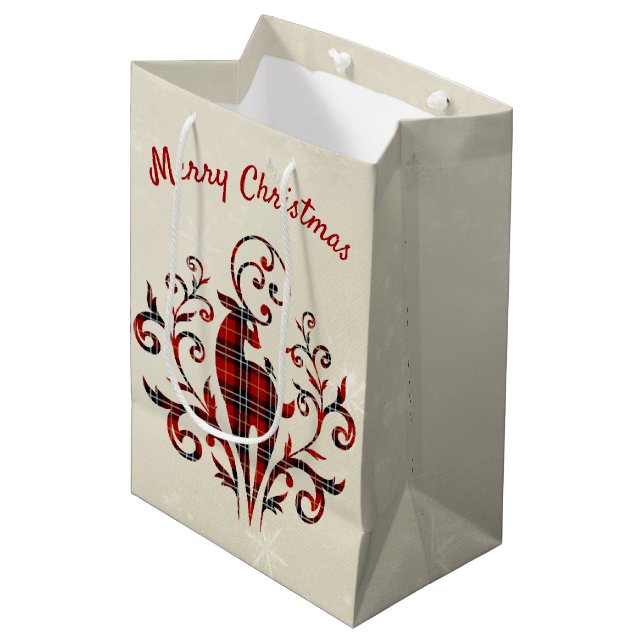 Sacola Para Presentes Média Tartan Xadrez Deer On Snowflake Design (Frente inclinada)