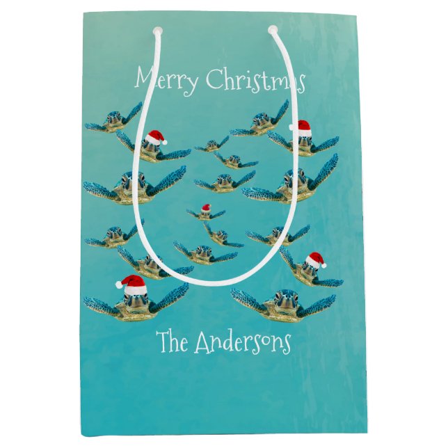 Sacola Para Presentes Média Tartaruga-do-mar em Santa Hats Papel de embrulho (Frente)