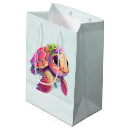 Sacola Para Presentes Média Tartaruga-do-mar rosa, Whimsical & Cuide