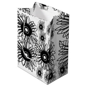 Sacola Para Presentes Média Tatuagem Girassol Floral Negro Negro Flor Branca