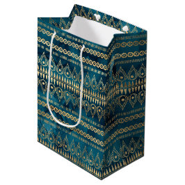 Sacola Para Presentes Média Teal Blue Dourado Boho