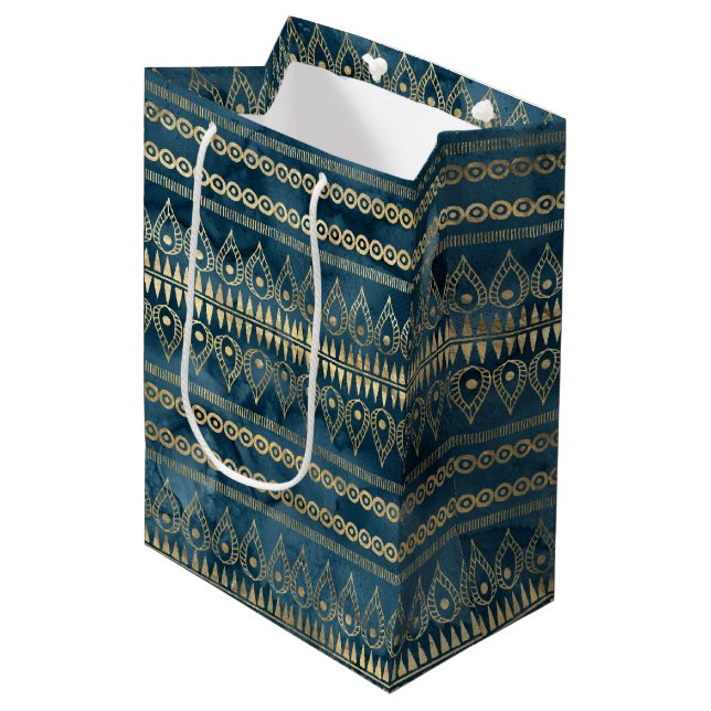 Sacola Para Presentes Média Teal Blue Dourado Boho (Frente inclinada)