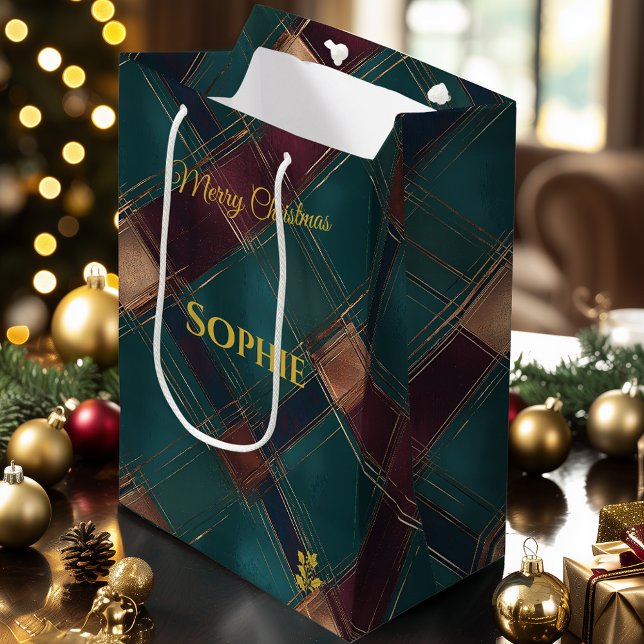 Sacola Para Presentes Média Teal, Borgonha e Xadrez Dourada Crisscross Natal (Criador carregado)