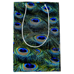Sacola Para Presentes Média Teal Brilhante Colorida de Penas de Peacock