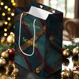 Sacola Para Presentes Média Teal e Burgundy Crisscross Xadrez Natal