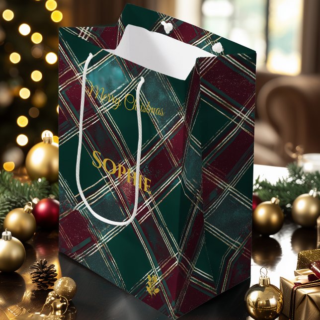 Sacola Para Presentes Média Teal e Burgundy Xadrez Natal Festivo (Criador carregado)