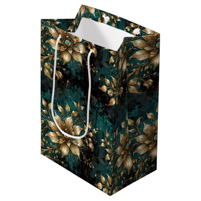 Sacola Para Presentes Média Teal e Dourado Grunge Floral (Frente inclinada)