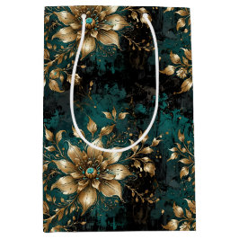 Sacola Para Presentes Média Teal e Dourado Grunge Floral