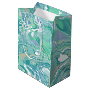 Sacola Para Presentes Média Teal Verde Azul Marble Fluid Art