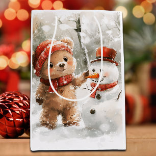 Sacola Para Presentes Média Teddy Bear e Snowman