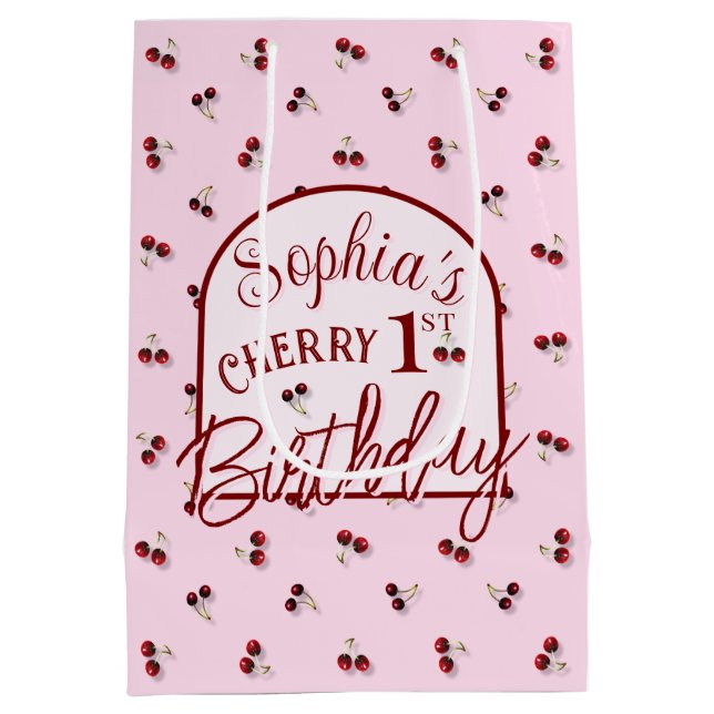 Sacola Para Presentes Média Tema Cereja Primeiro Aniversário Gift Bag (Verso)