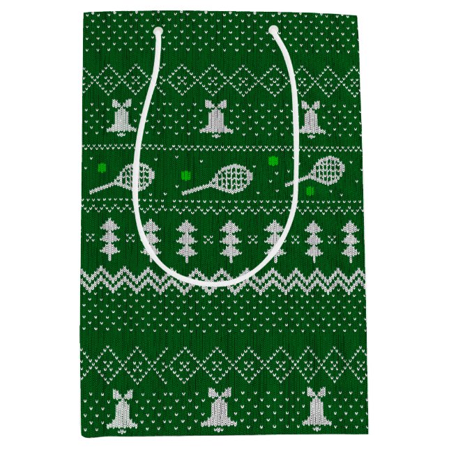 Sacola Para Presentes Média Tênis de Natal, Suéter Knit Verde (Frente)