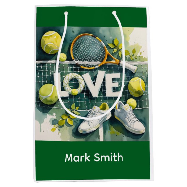 Sacola Para Presentes Média Tênis e raquete no campo com nome (Frente)