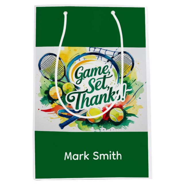 Sacola Para Presentes Média Tênis Obrigado a festa com raquete e bola (Frente)