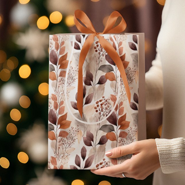 Sacola Para Presentes Média Terracotta e Folhas de Quedas de Borgonha | Boho A (Criador carregado)