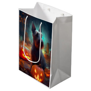 Sacola Para Presentes Média Terror de Halloween do Scottish Terrier com Abóbor