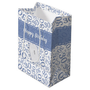 Sacola Para Presentes Média Teste padrão azul e branco do aniversário de 30