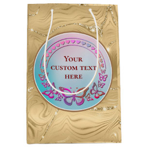 Sacola Para Presentes Média Texto Personalizado, Borboletas Coloridas e Coraçã