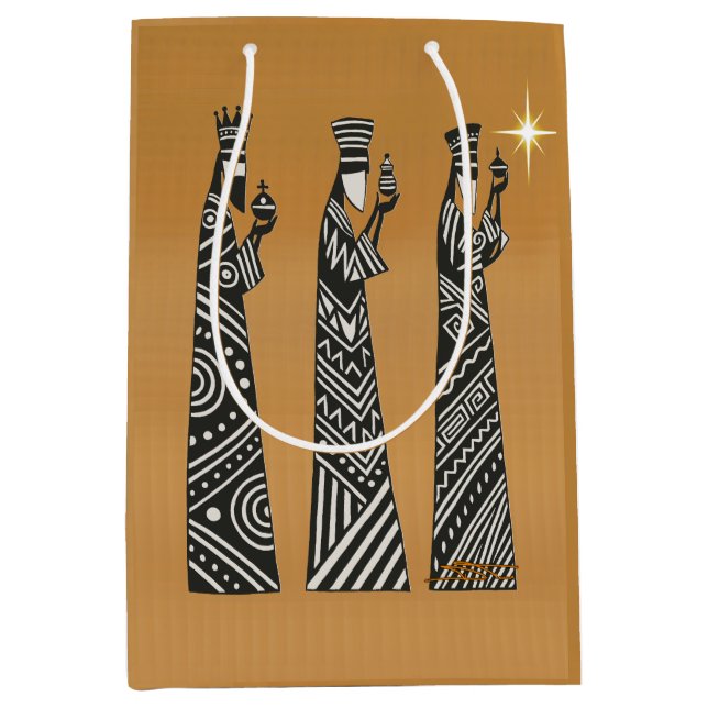 Sacola Para Presentes Média Three Wise Men Black & White Christmas Nativity (Frente)