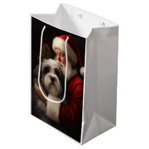 Sacola Para Presentes Média Tibetan Terrier Papai Noel Natal Festivo 