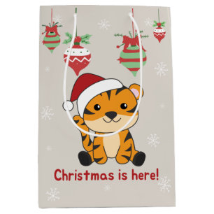 Sacola Para Presentes Média Tigre Natal Neve Animais de inverno Tigre Média G