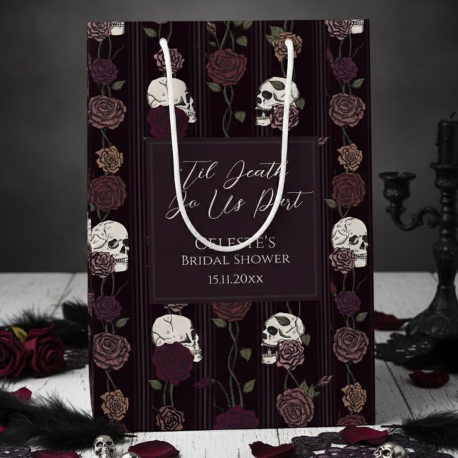 Sacola Para Presentes Média ’Til Death Do Us Part Gothic Skull & Rose Wedding (Elegant Dark Floral Skull Til Death Do Us Part Gothic Bridal Shower Gift Bags for Halloween Wedding)