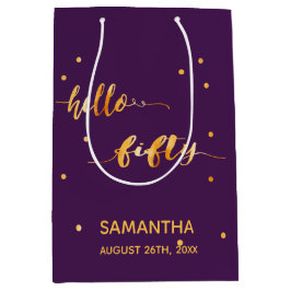 Sacola Para Presentes Média Tipografia de ouro roxo, 50 anos, moderna