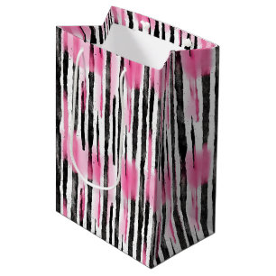 Sacola Para Presentes Média Tiras de Zebra Negra Branca, Rosa-Rosa