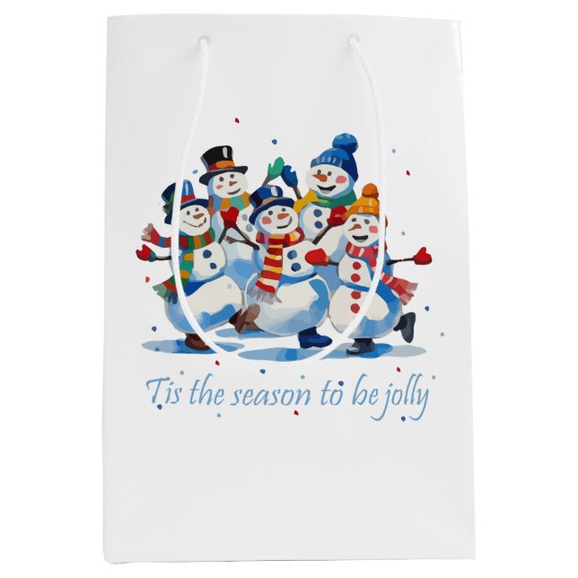 Sacola Para Presentes Média Tis the Season to be Jolly Dancing Jolly Snowmen (Frente)