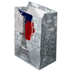 Sacola Para Presentes Média Torre Eiffel de Purpurina Prata Festa Vermelha Bra