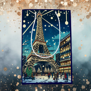 Sacola Para Presentes Média Torre Eiffel em Paris, França na hora de Natal