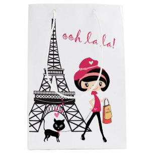 Sacola Para Presentes Média Torre Eiffel Paris Girl and Cat Black and Pink
